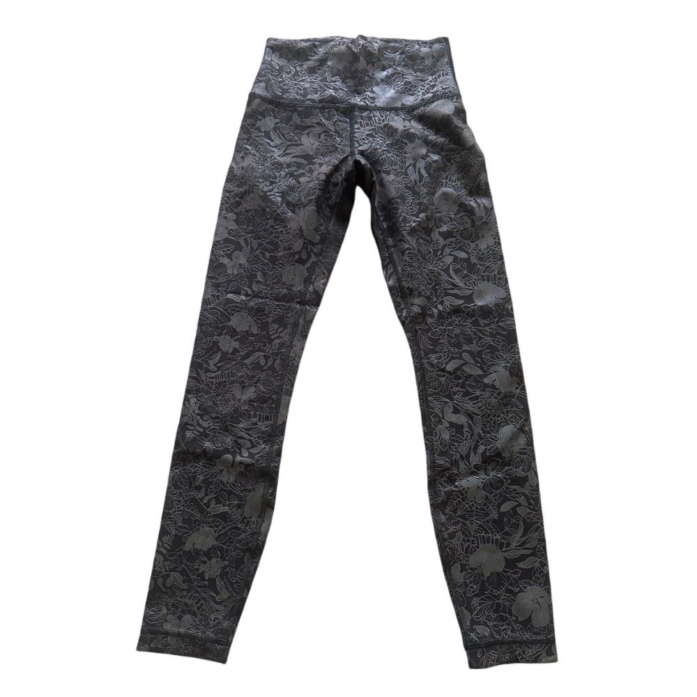 Lululemon Wunder Train High Rise Tights 25" Foil Floral Black Silver Size 4